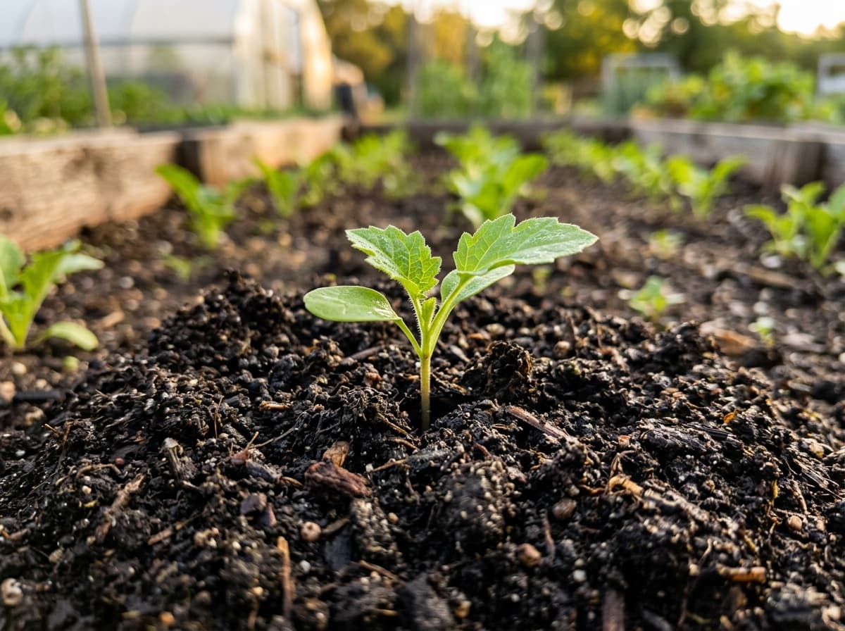 Healthy green seedling growing in vermicompost soil
