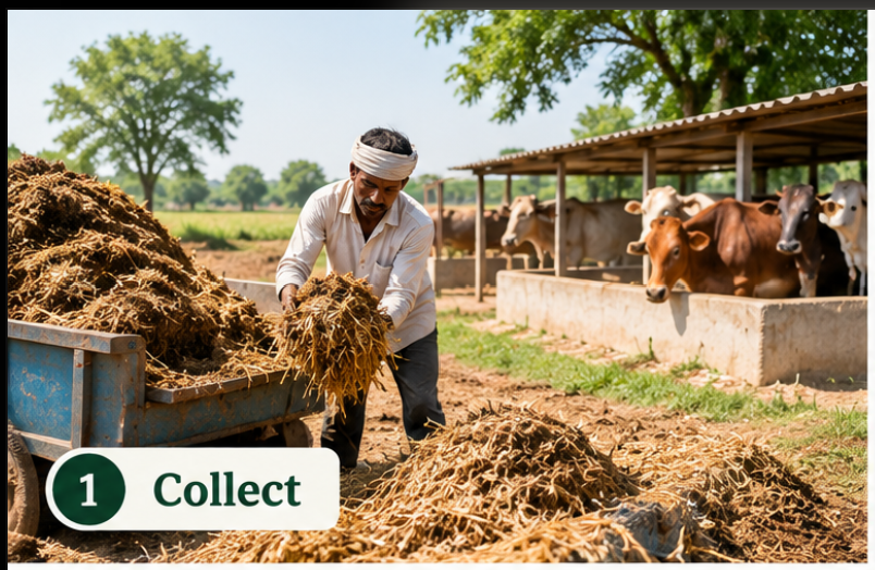 Cows feeding on organic fodder for dung collection