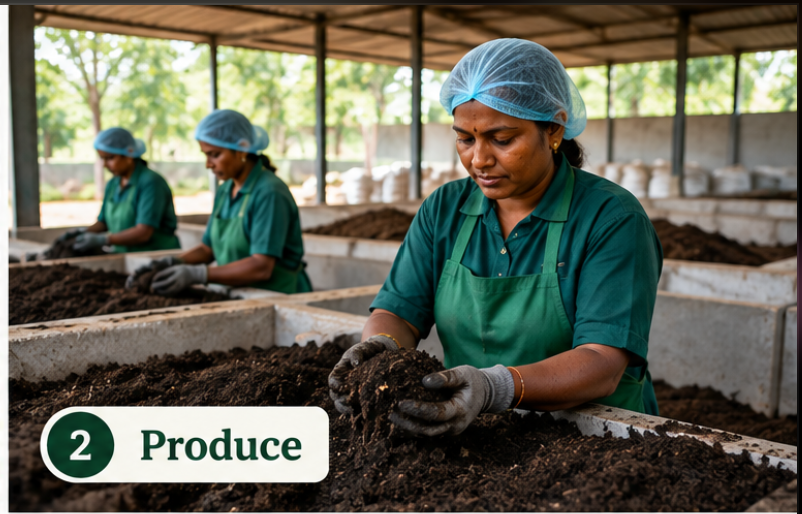 Women SHG workers producing vermicompost and biochar